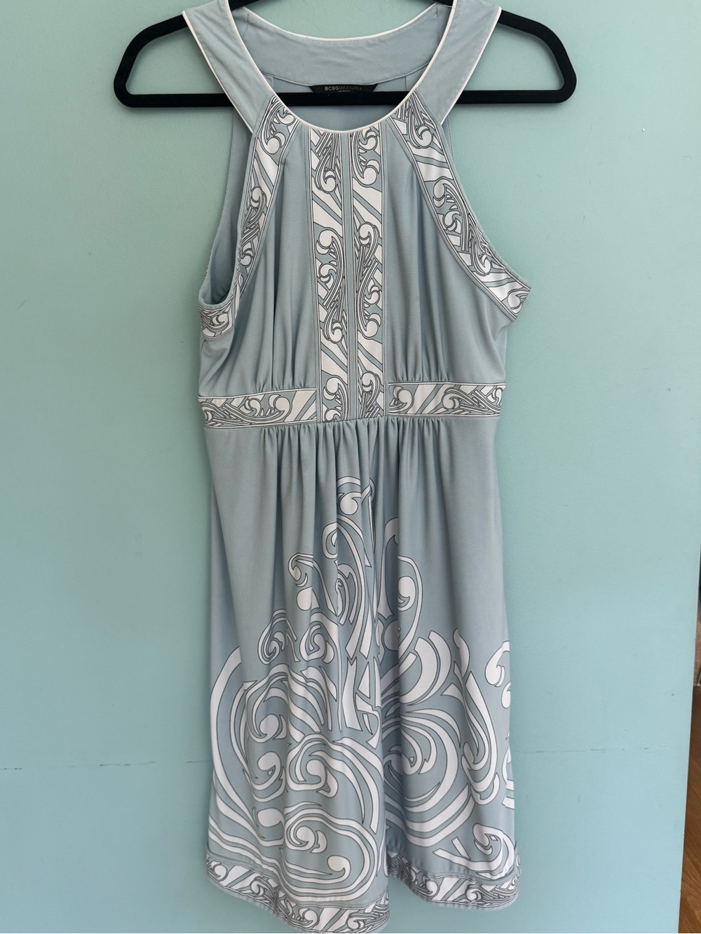 BCBGMaxAzria Light Blue and White Halter-Style Dress